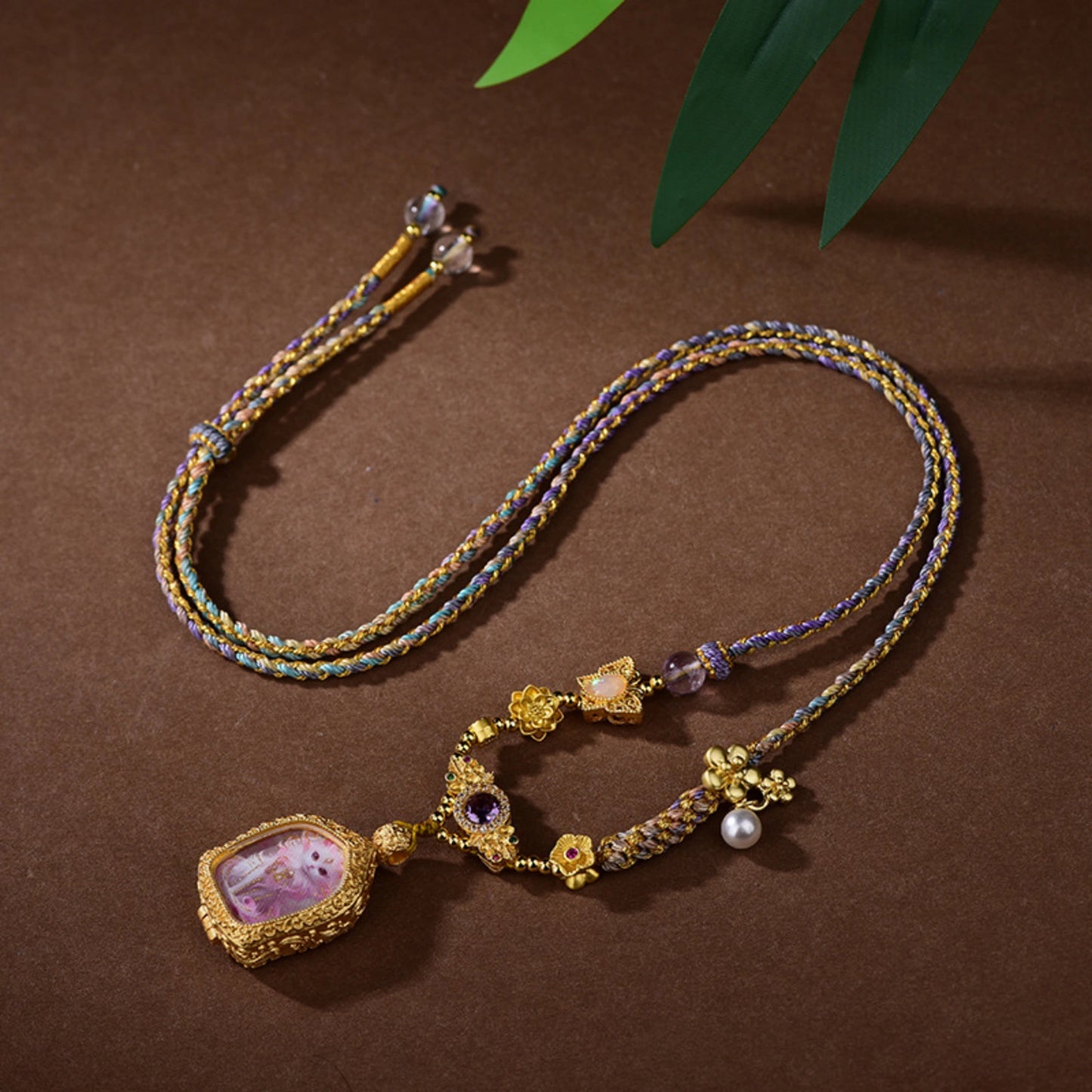 Handmade Braided Thangka Fox Spirit Necklace with Amethyst and Pearl Accents for Wisdom and Charisma