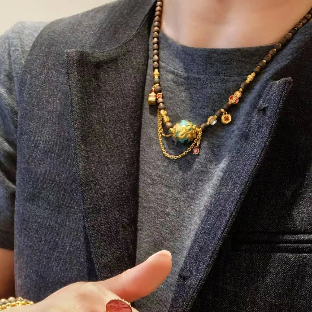 Vintage Sandalwood Dragon Bead Necklace Handcrafted Enamel Healing Jewelry for Empowerment