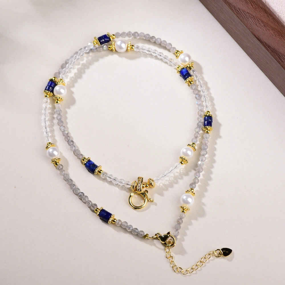 Mulstio Natural Moonstone Pearl Lapis Lazuli Necklace Intuition Awakening Empowering Jewelry for Women