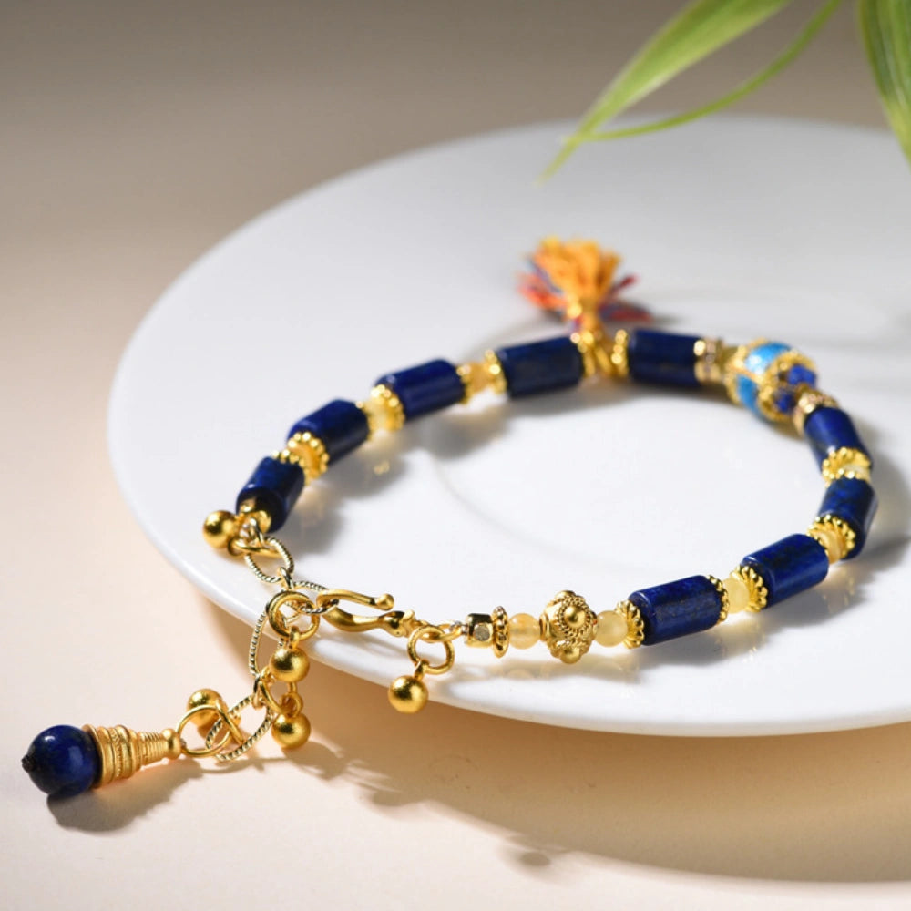 Lapis Lazuli Empowerment Bracelet with Cloisonné Charm for Career Success and Inner Wisdom