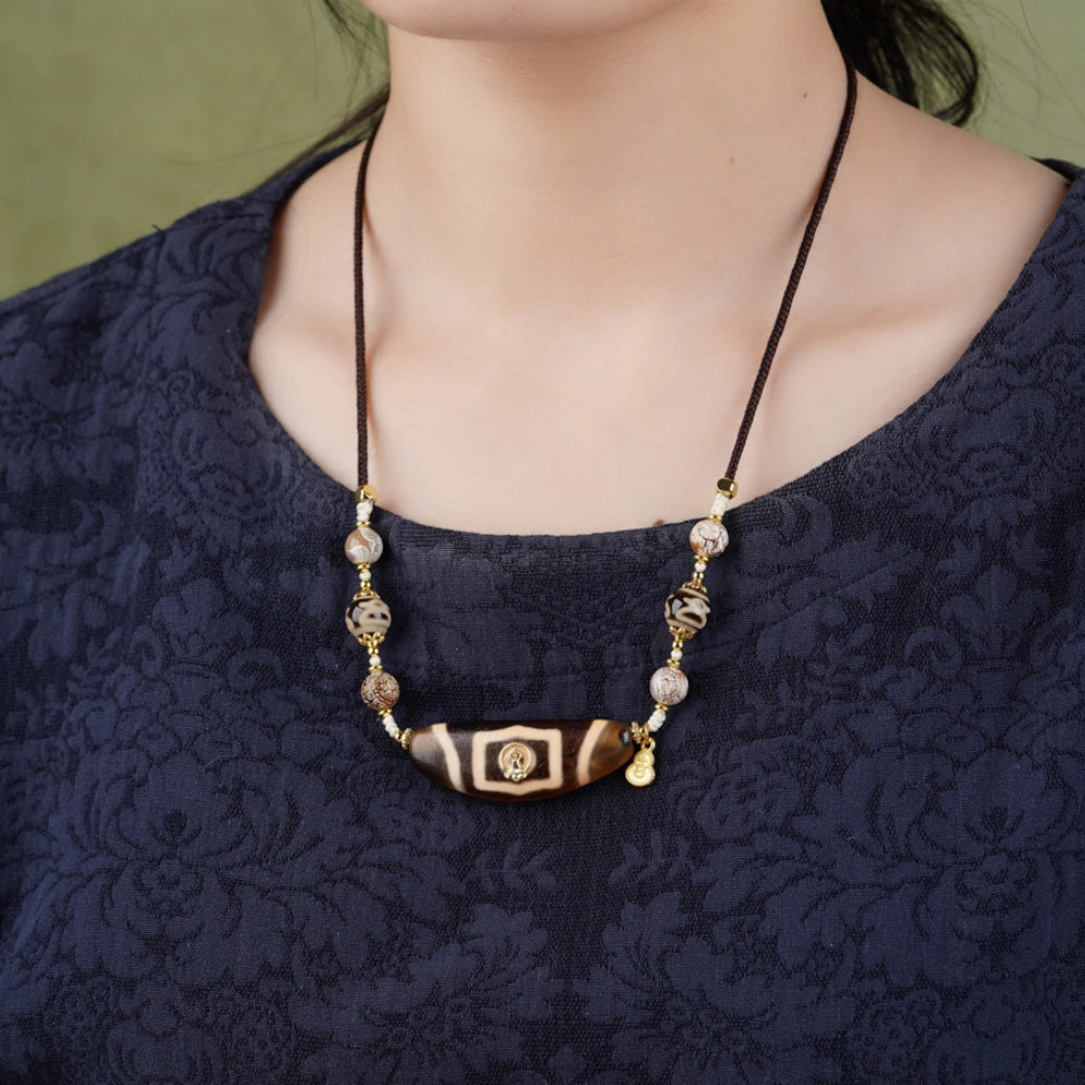 Mulstio 7 Eyed Dzi Bead Agate Necklace Career Empowerment Amulet