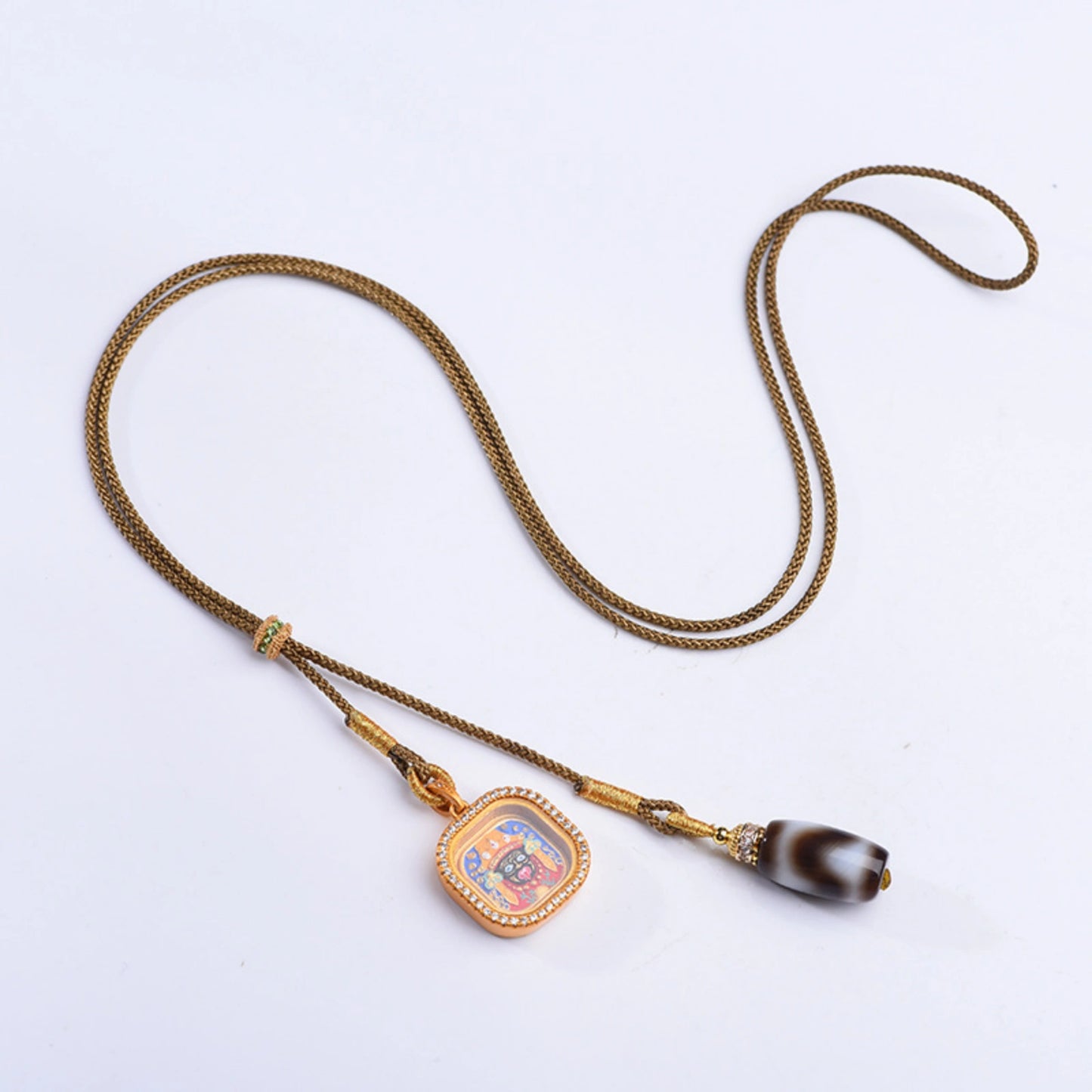 Hand-Painted Zaki Lhamo Thangka & Agate Dzi Bead Necklace - Tibetan Style Spiritual Amulet for Wealth and Protection