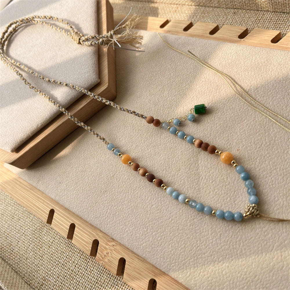 Mulstio Aquamarine Chalcedony Cord Necklace Empowering Protection Talisman