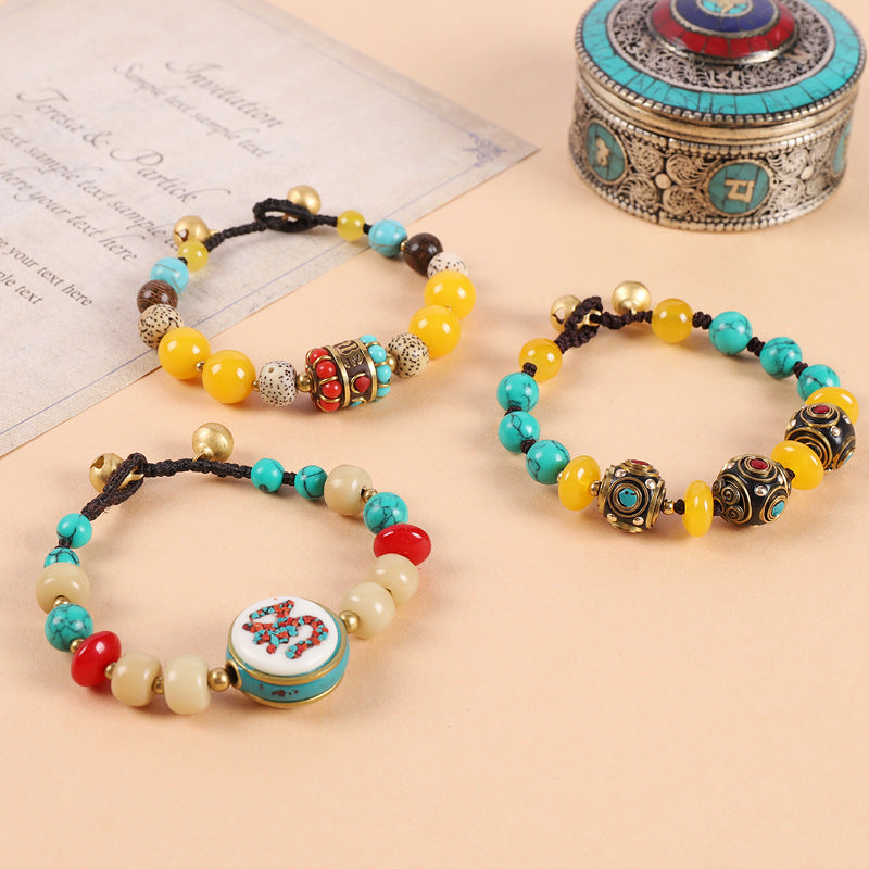 Handmade Bohemian Amulet Bracelet with Natural Turquoise & Obsidian - Mulstio Spiritual Jewelry