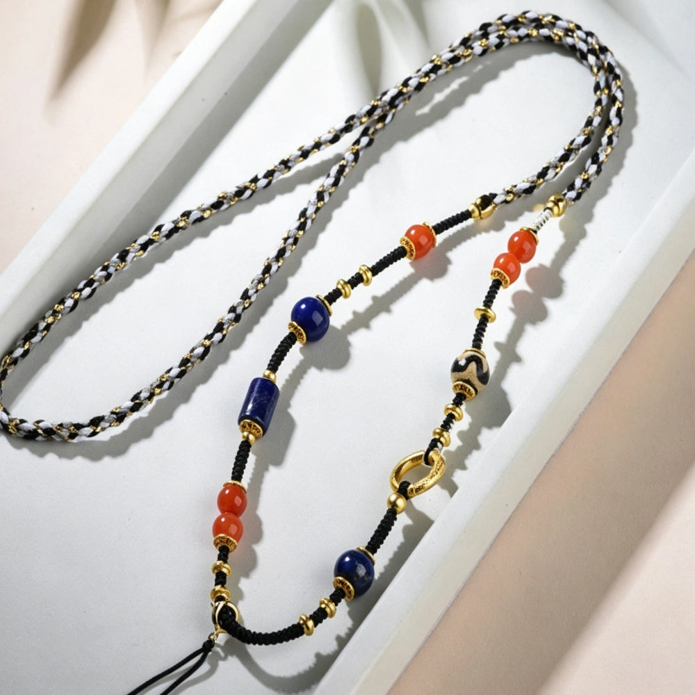 Mulstio Neo Chinese Southern Red Agate and Lapis Lazuli Healing Crystal Necklace Rope for Female Empowerment