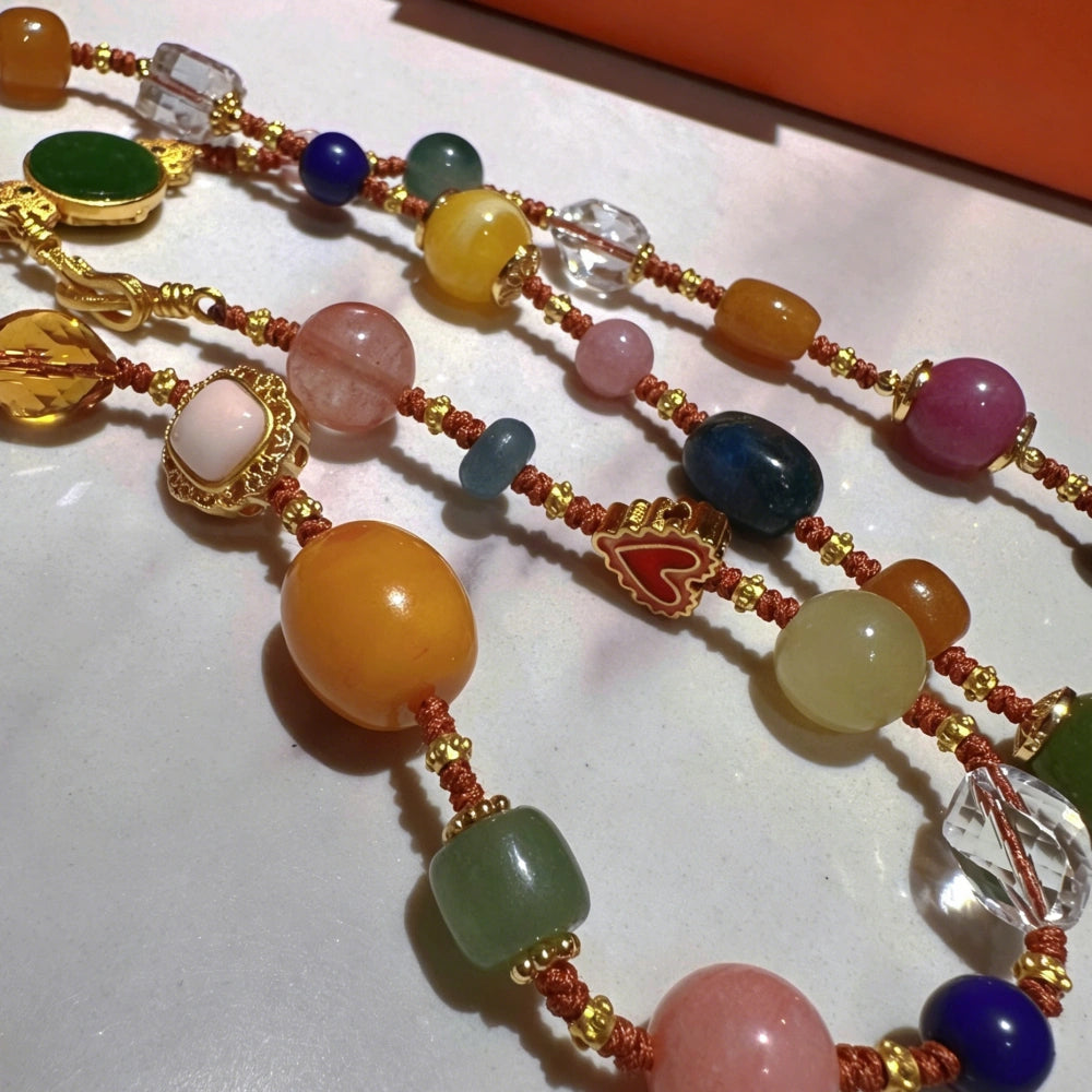Multicolor Agate and Malay Jade Healing Necklace Multi-Stone Empowerment Beads for Women