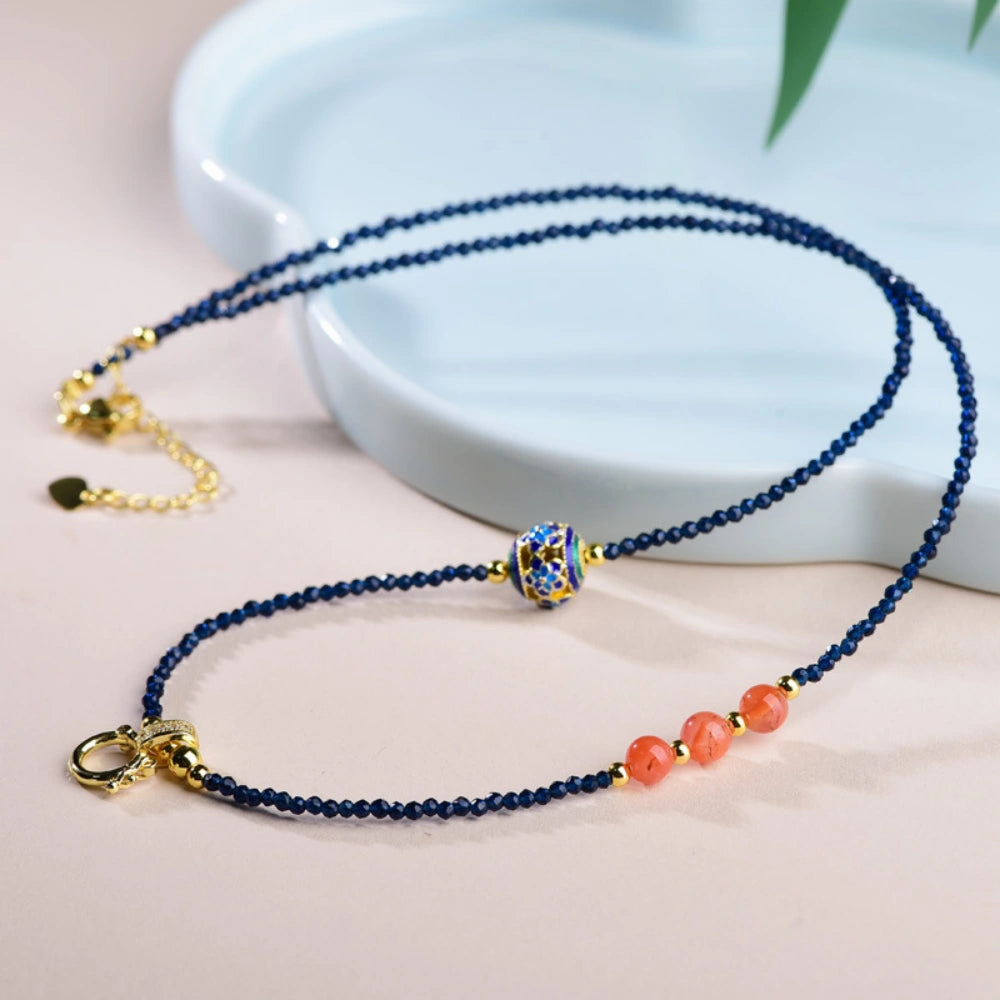 Modern Oriental Blue Zircon Necklace with Southern Red Agate Empowering Spiritual Protection Choker