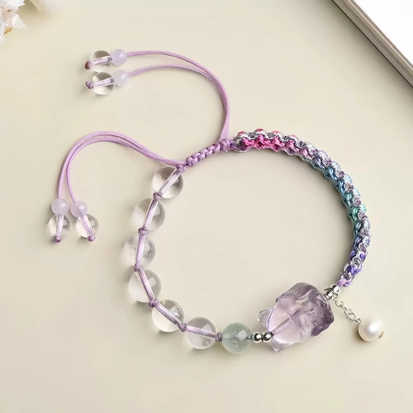 3D Clear Quartz Fox Carved Gradient Handwoven Bracelet - Purple/Blue/Pink Ombre, Adjustable - Water+Wood Element, Clarity & Love Attraction