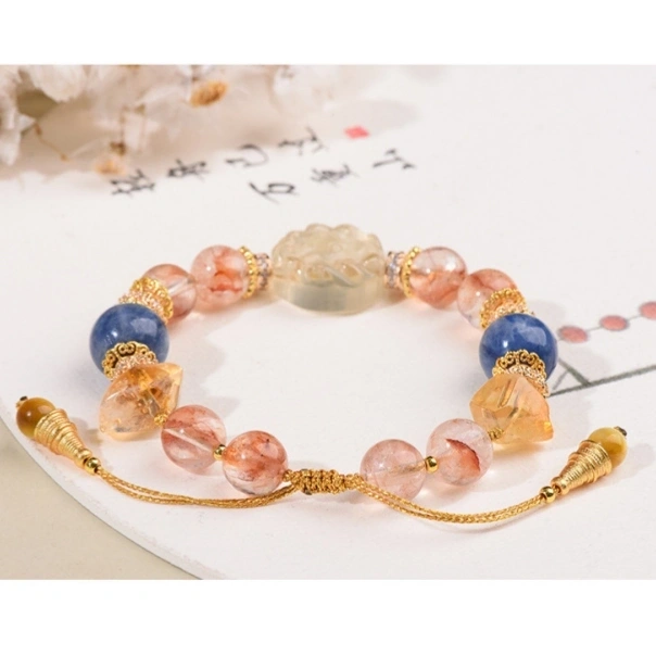 3D Fox Carved Citrine with Rose Quartz & Blue Crystal Gold Thread Beaded Bracelet - Gold, Pink, Blue - Fire+Wood+Water Element, Love & Abundance