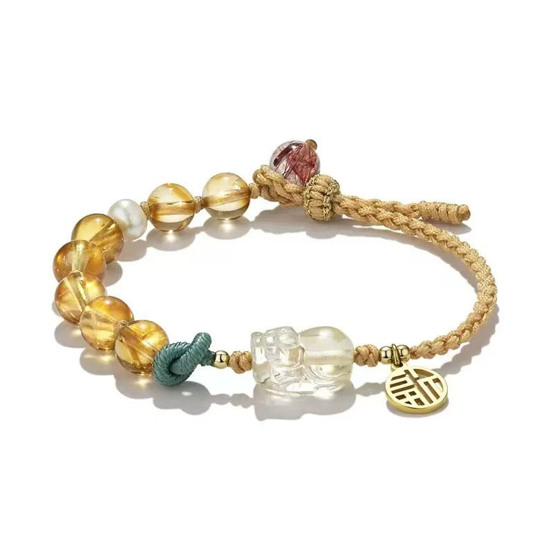 3D Pixiu Carved Citrine Asymmetric Woven Bracelet - Wealth Attraction & Protection, Adjustable