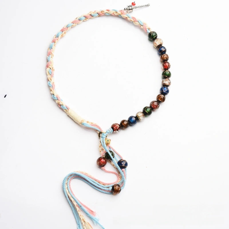 Tibetan Incense Ash Glass Double Tassel Handwoven Bracelet - 2 Color Options, Five Elements Balance, Protection & Purification