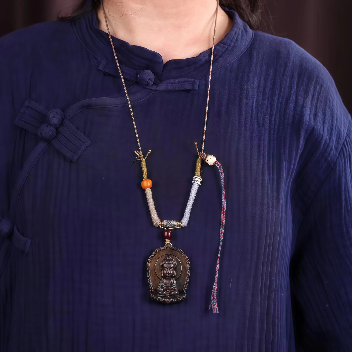 Agarwood Buddha Pendant String Necklace with Tassel & Carnelian