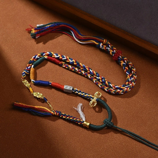 Tibetan Gorgeous Colorful Tassel, Copper Coin & Vajra Pestle Handwoven Cotton String Adjustable Necklace - Six-Syllable Mantra & Sand Gold Accents