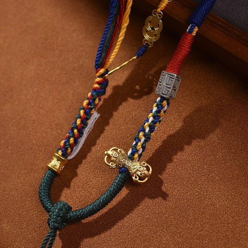 Tibetan Gorgeous Colorful Tassel, Copper Coin & Vajra Pestle Handwoven Cotton String Adjustable Necklace - Six-Syllable Mantra & Sand Gold Accents
