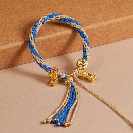 Cotton Handwoven Two-Tone Adjustable Bracelet with Six-Syllable Mantra, Dreamcatcher & Prayer Wheel – WoodMetal Element for Calm, Protection & Purification