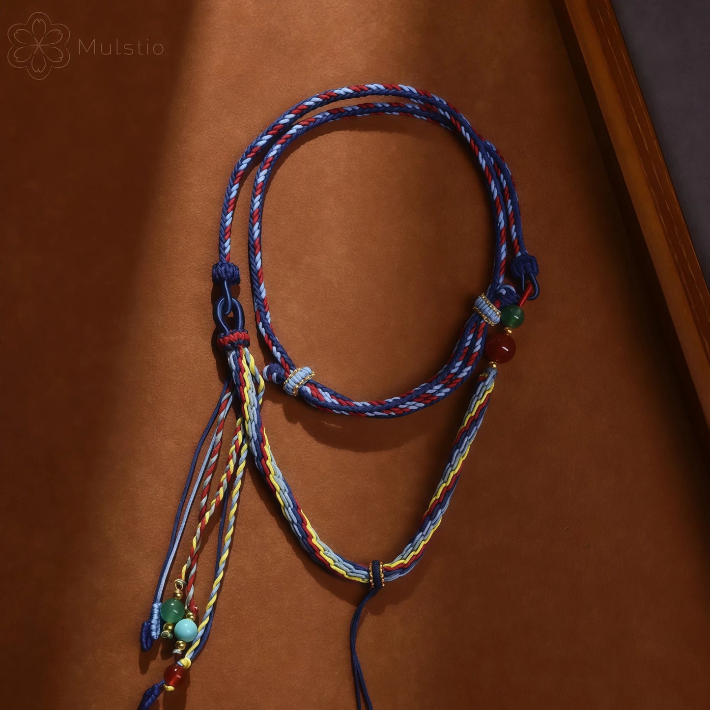 Five-Color Tibetan Handwoven String Necklace with Gemstone Tassel