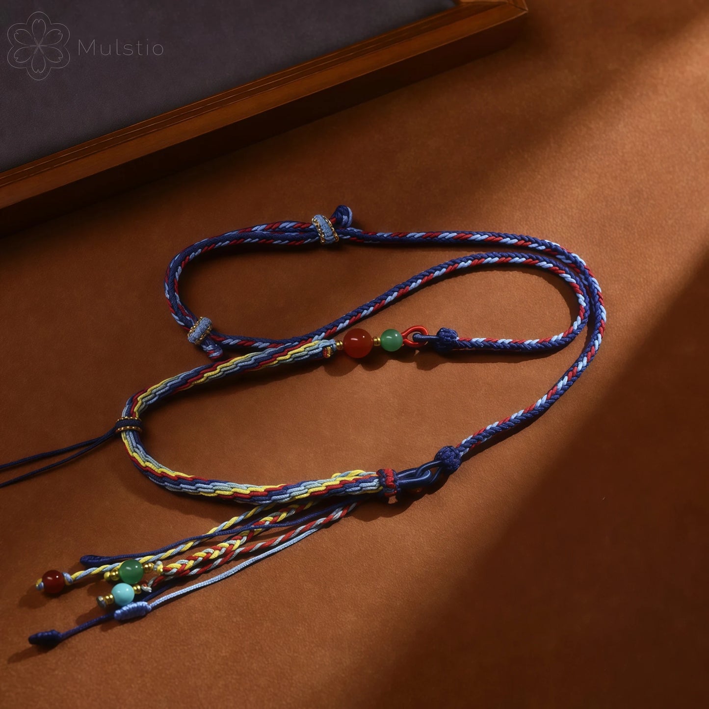 Five-Color Tibetan Handwoven String Necklace with Gemstone Tassel