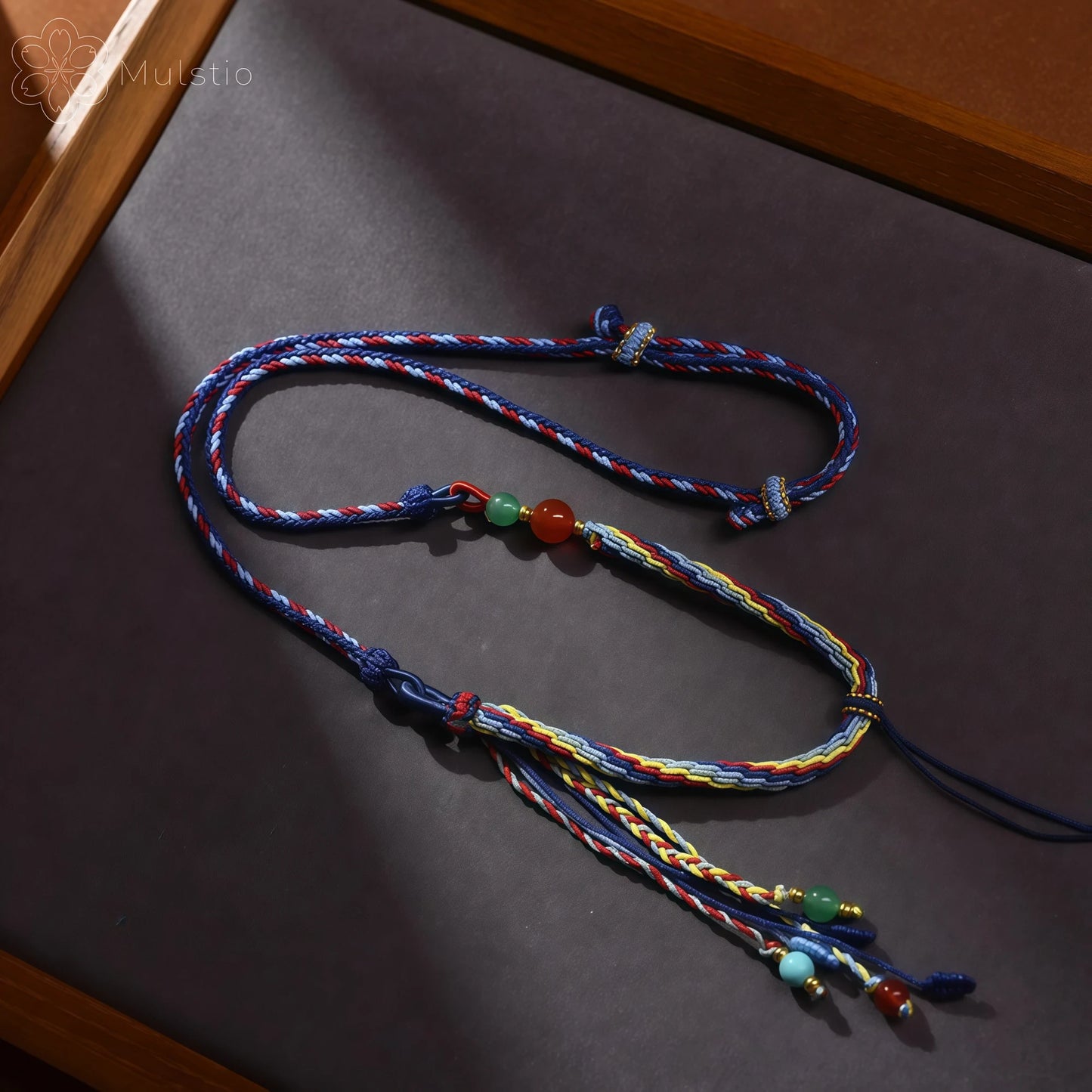 Five-Color Tibetan Handwoven String Necklace with Gemstone Tassel