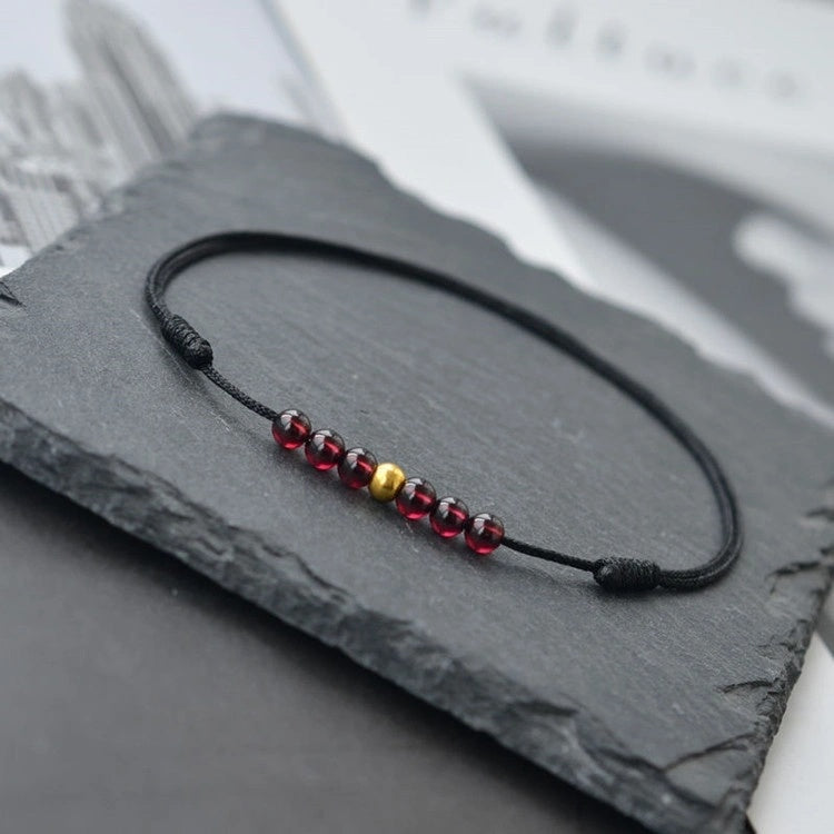 Gold Bead Garnet Red String Anklet (Cotton, Garnet, Copper) - Metal+Earth Element, Prosperity & Passion
