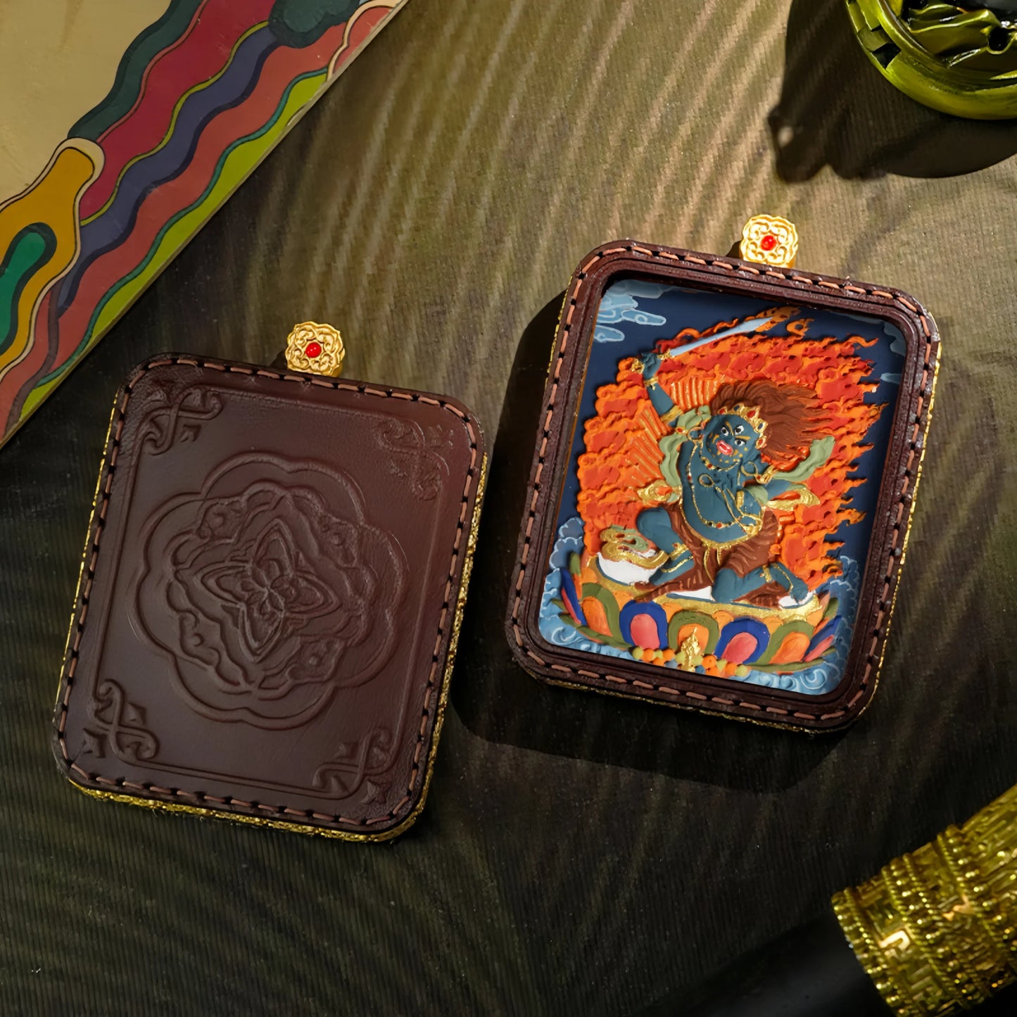 Hand-Painted Tibetan Thangka Acala Buddha Brass Pendant Leather Necklace