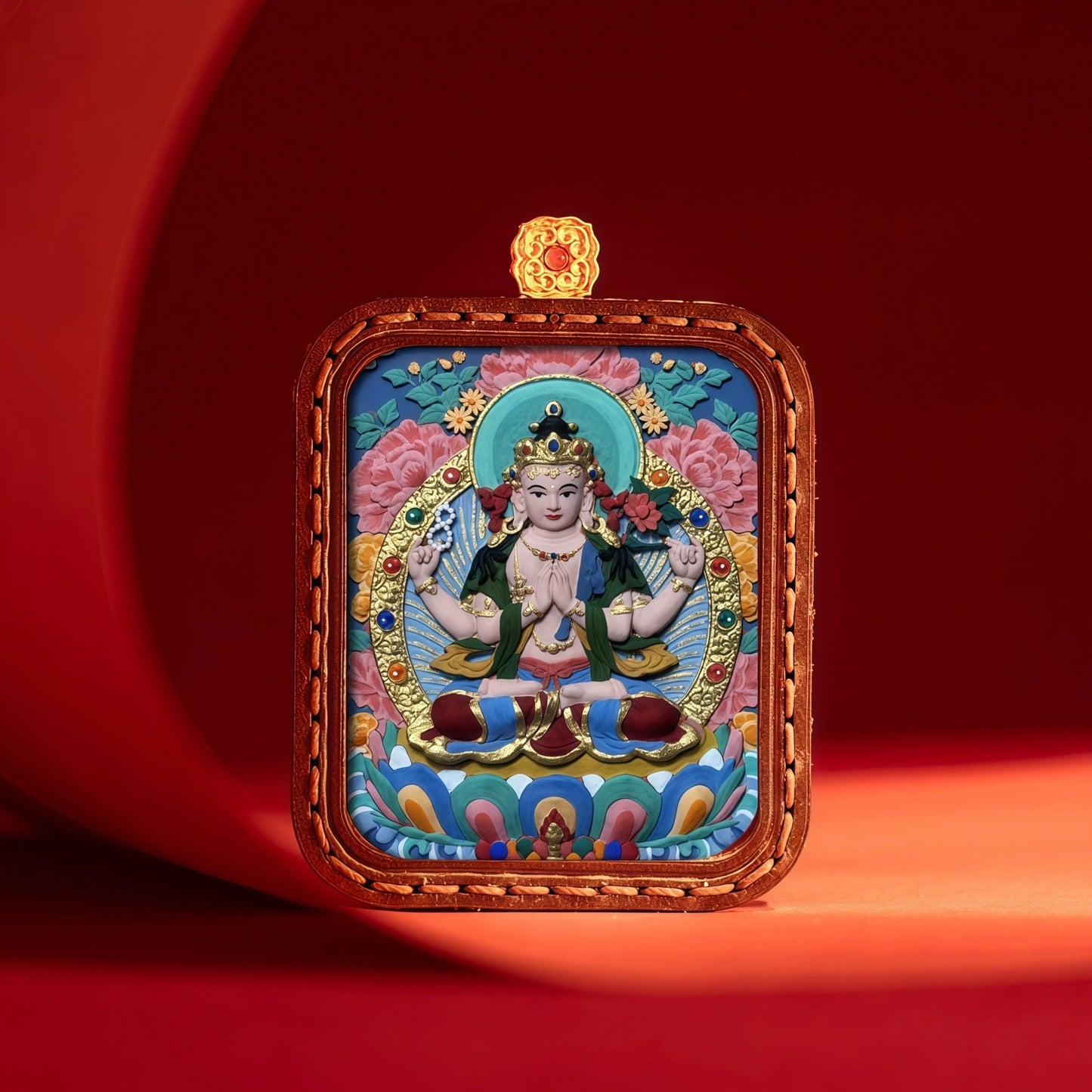 Hand-Painted Tibetan Thangka Four-Armed Bodhisattva Pendant - 55.7mm Clay Mineral Pigments Embossed Leather