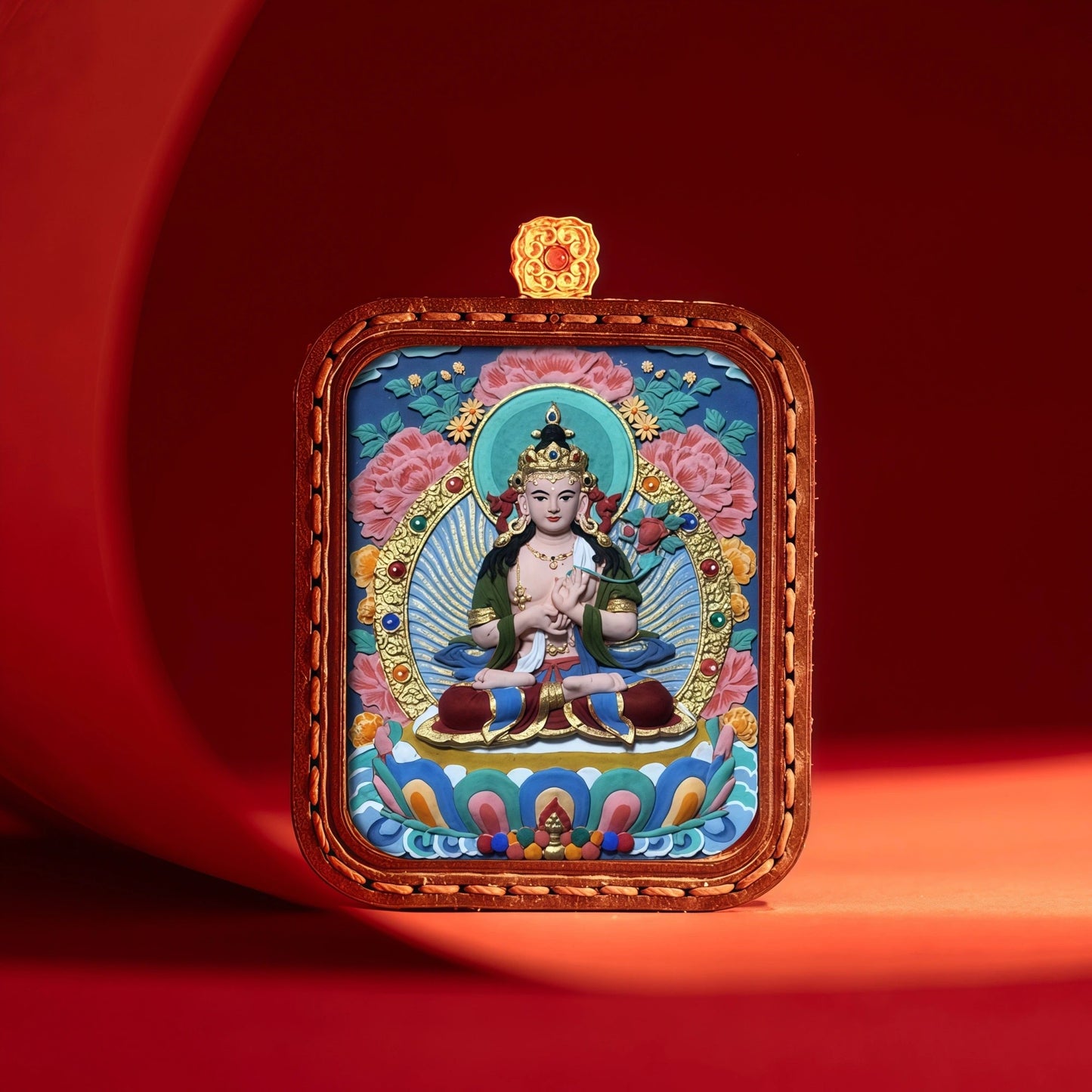 Full Product Presentation of Hand-Painted Thangka Pendant with Gift Ready Packaging