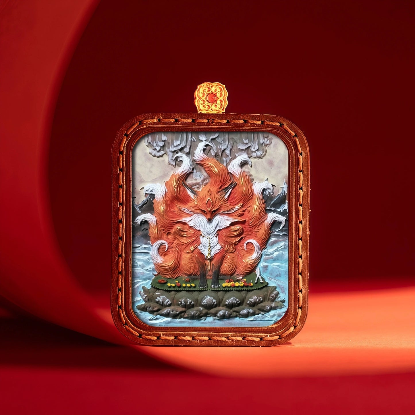 Full Product Presentation of Hand-Painted Thangka Pendant with Gift Ready Packaging