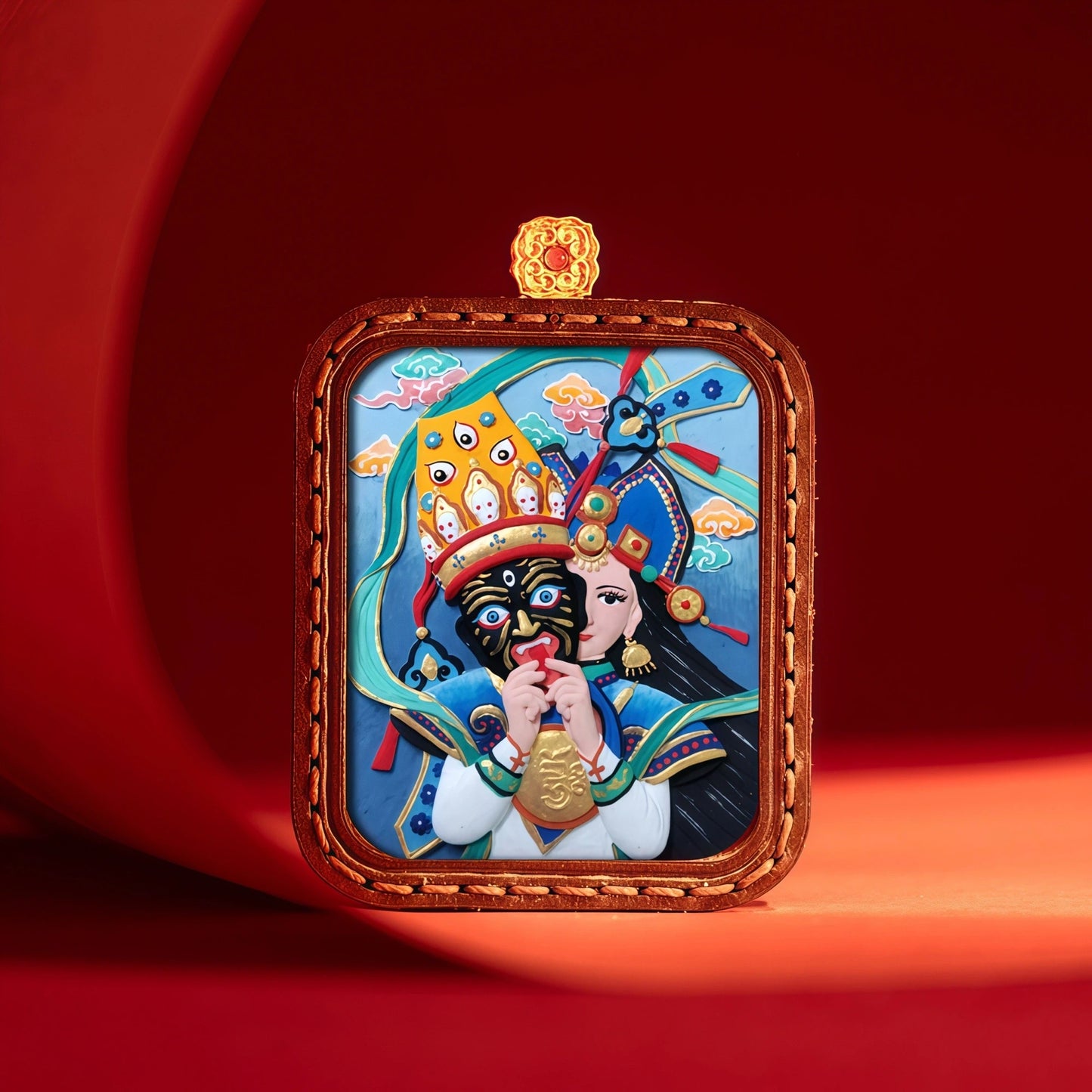 Full Product Presentation of Hand-Painted Thangka Pendant with Gift Ready Packaging