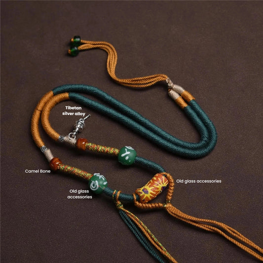 Handmade Yellow-Green Old Glass & Camel Bone Tibetan Silver Alloy Cotton String Necklace - 70cm Non-Adjustable, Earth+Metal Element, Tibetan Ethnic Charm