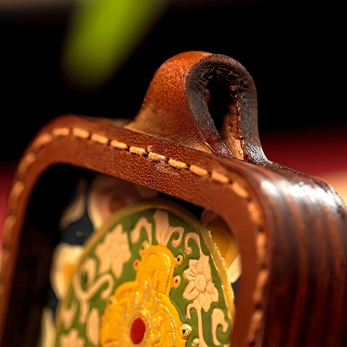 Yellow Jambhala Leather Handmade Thangka Pendant - Wealth Abundance Talisman