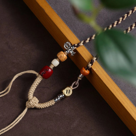 Masculine Copper Dice & Wood Bead Agate Adjustable Handwoven String Necklace - Earth+Metal Element, Bold Style & Opportunity Luck