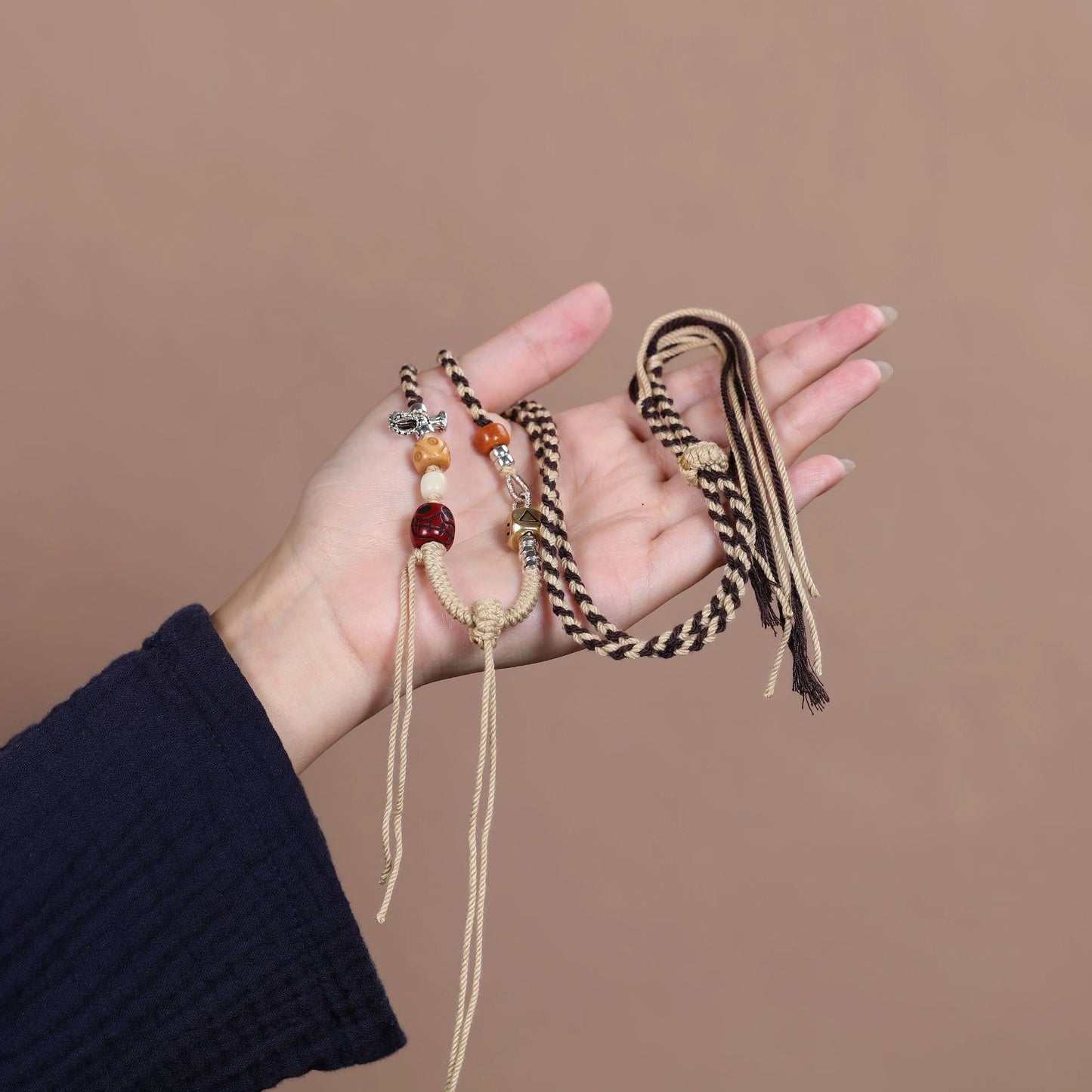 Masculine Copper Dice & Wood Bead Agate Adjustable Handwoven String Necklace - Earth+Metal Element, Bold Style & Opportunity Luck