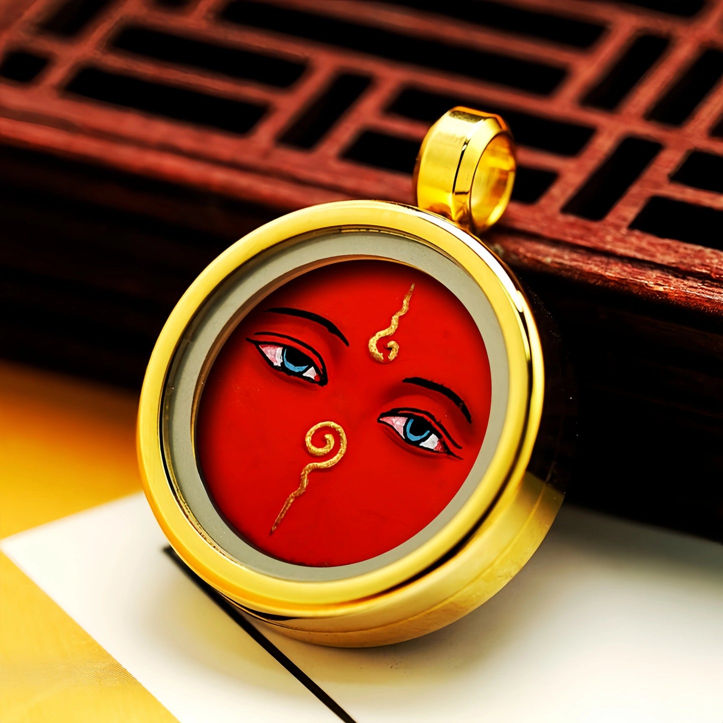 Hand-Painted Five Color Wisdom Eyes in Golden Frame - Tibetan Wisdom Symbol Necklace