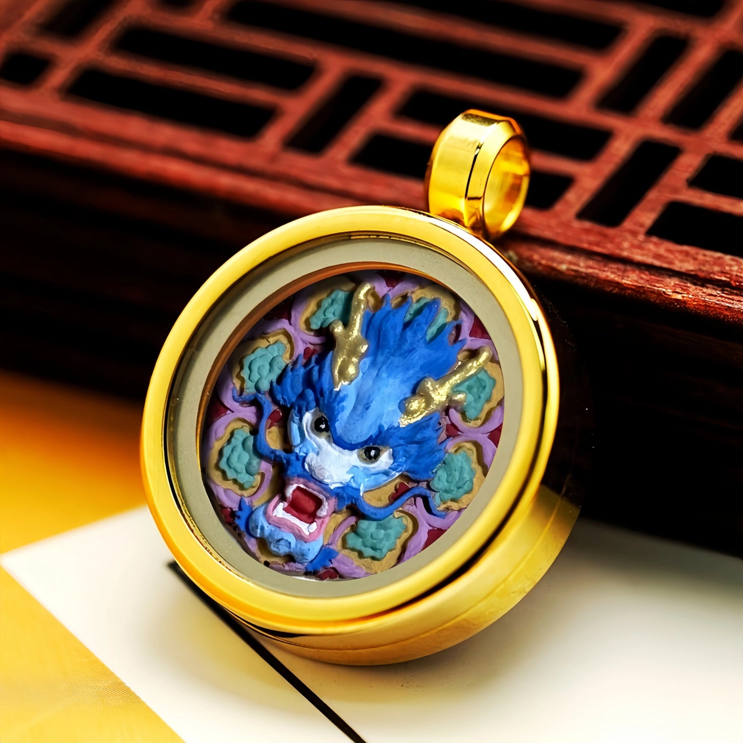 Hand-Painted Clay Loong King Statue in Golden Frame - Authority & Prosperity Necklace