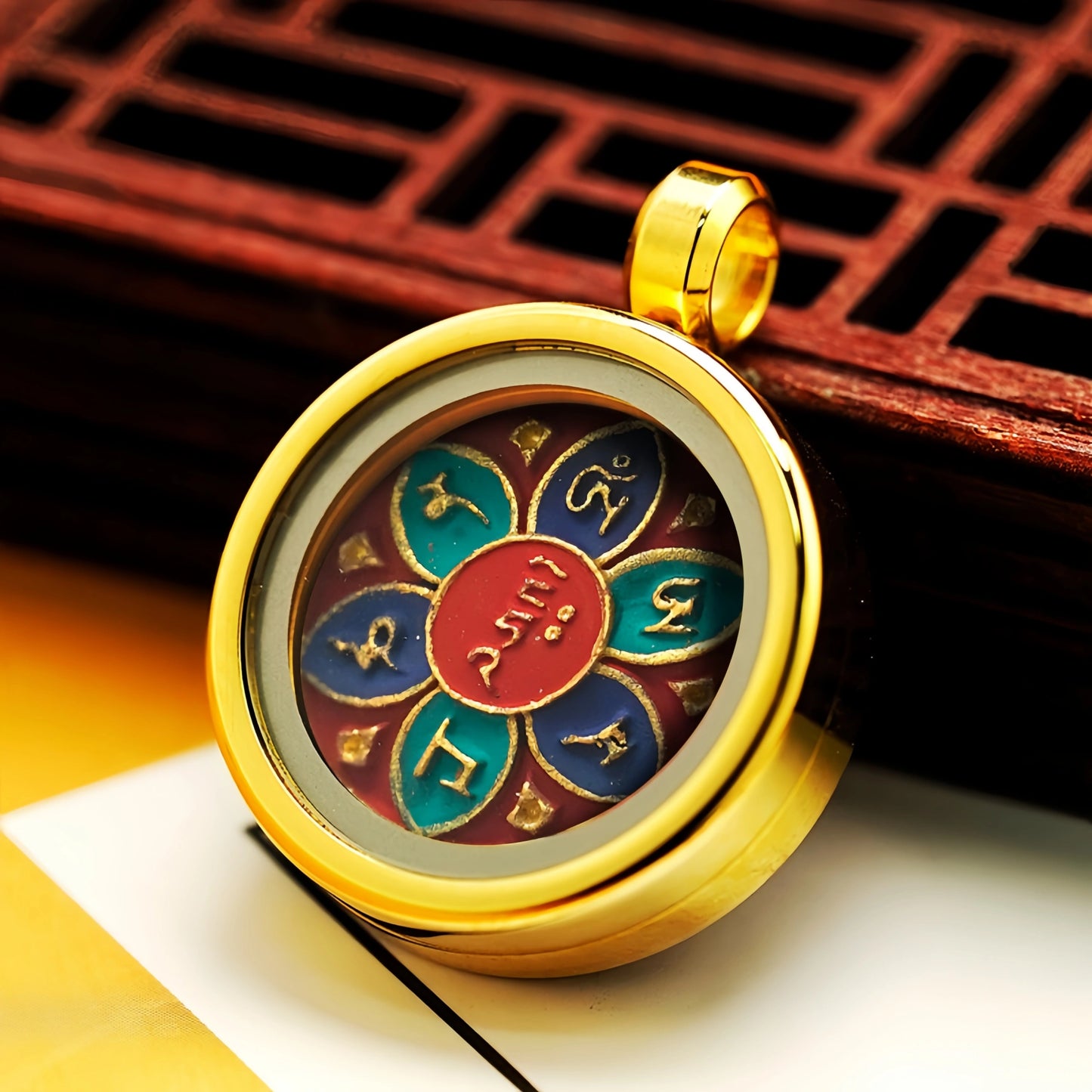 Hand-Painted Six Syllable Mantra in Golden Frame - Tibetan Buddhist Blessing Necklace