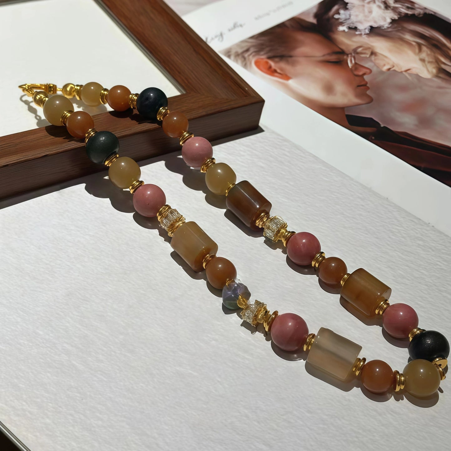 Multicolor Agate and Rhodolite Necklace with Golden Crystals and Beads