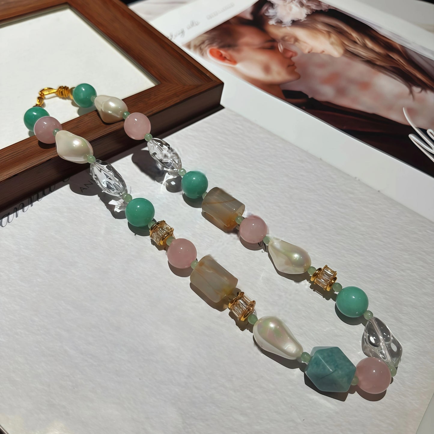 Multicolor Irregular Gemstone NecklaceRose Quartz, Amazonite, Clear Crystal, Agate