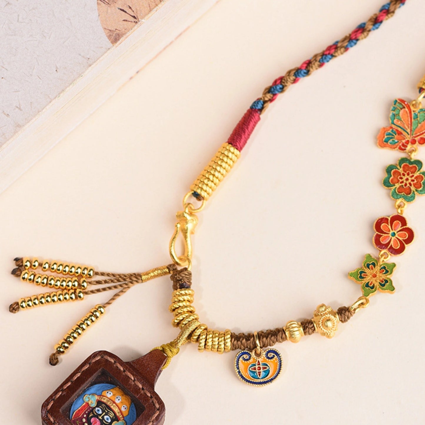 Hand-Woven Copper Enamel Zaki Lhamo Tangka Pendant Necklace – Tibetan Goddess of Fortune for Abundance & Protection