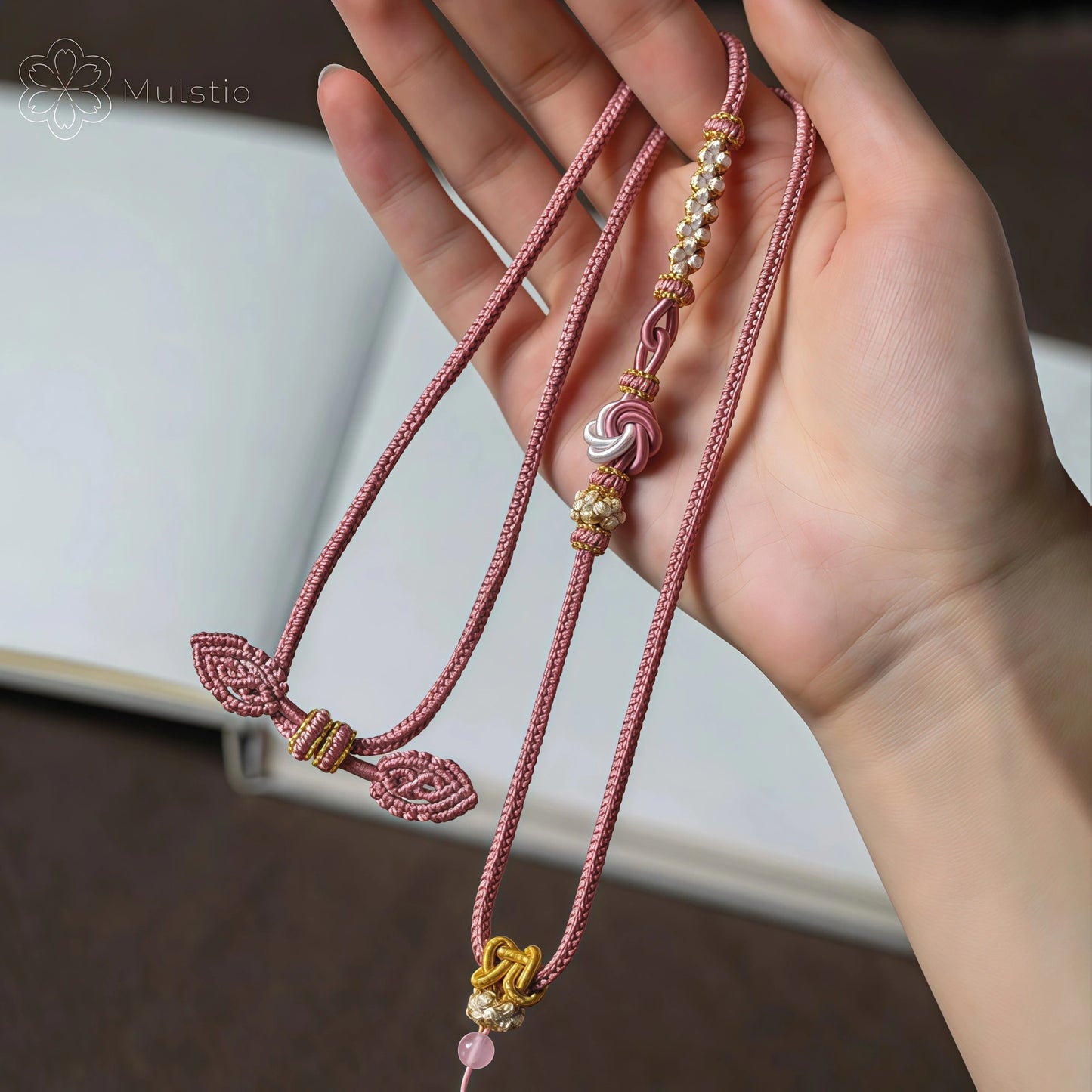 Pink Peach Blossom Handwoven String Necklace - Love Knot Adjustable Cord