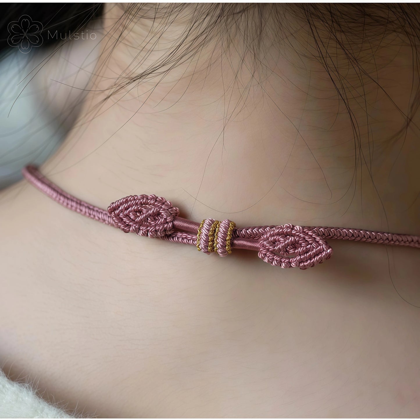 Pink Peach Blossom Handwoven String Necklace - Love Knot Adjustable Cord