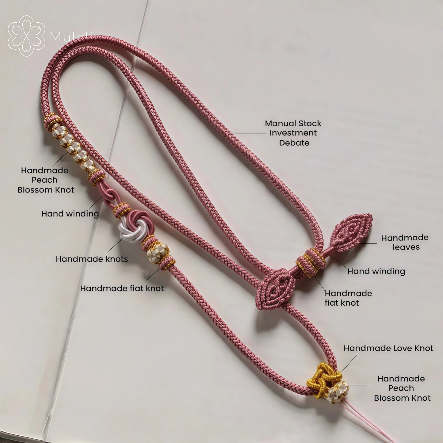 Pink Peach Blossom Handwoven String Necklace - Love Knot Adjustable Cord
