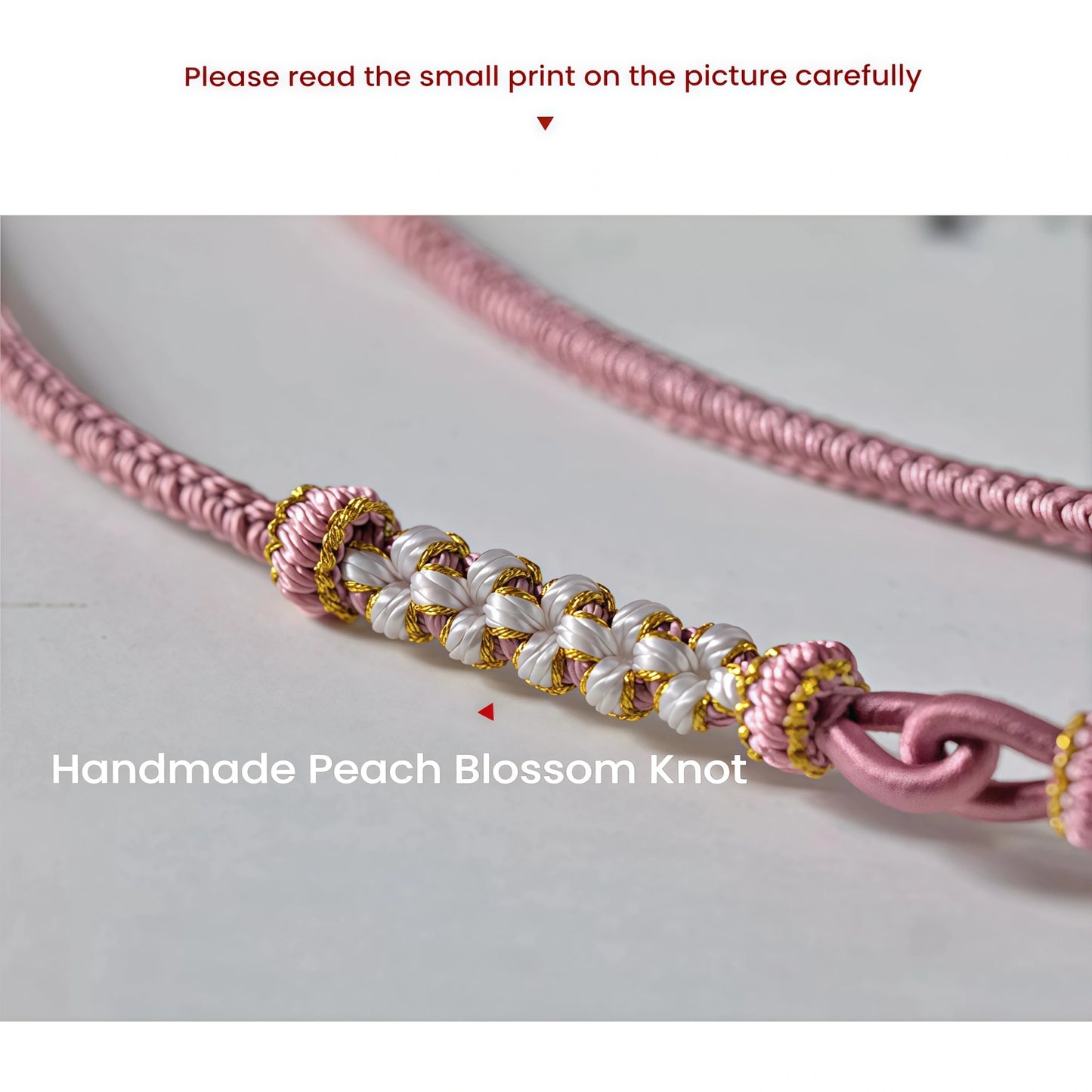 Pink Peach Blossom Handwoven String Necklace - Love Knot Adjustable Cord