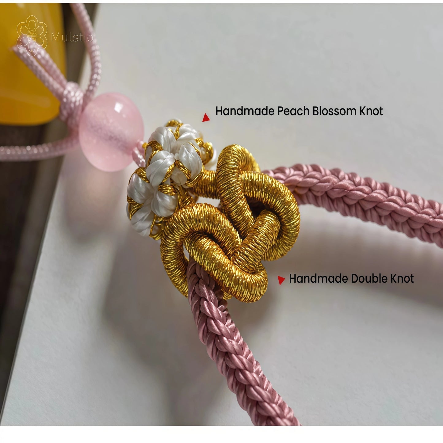 Pink Peach Blossom Handwoven String Necklace - Love Knot Adjustable Cord