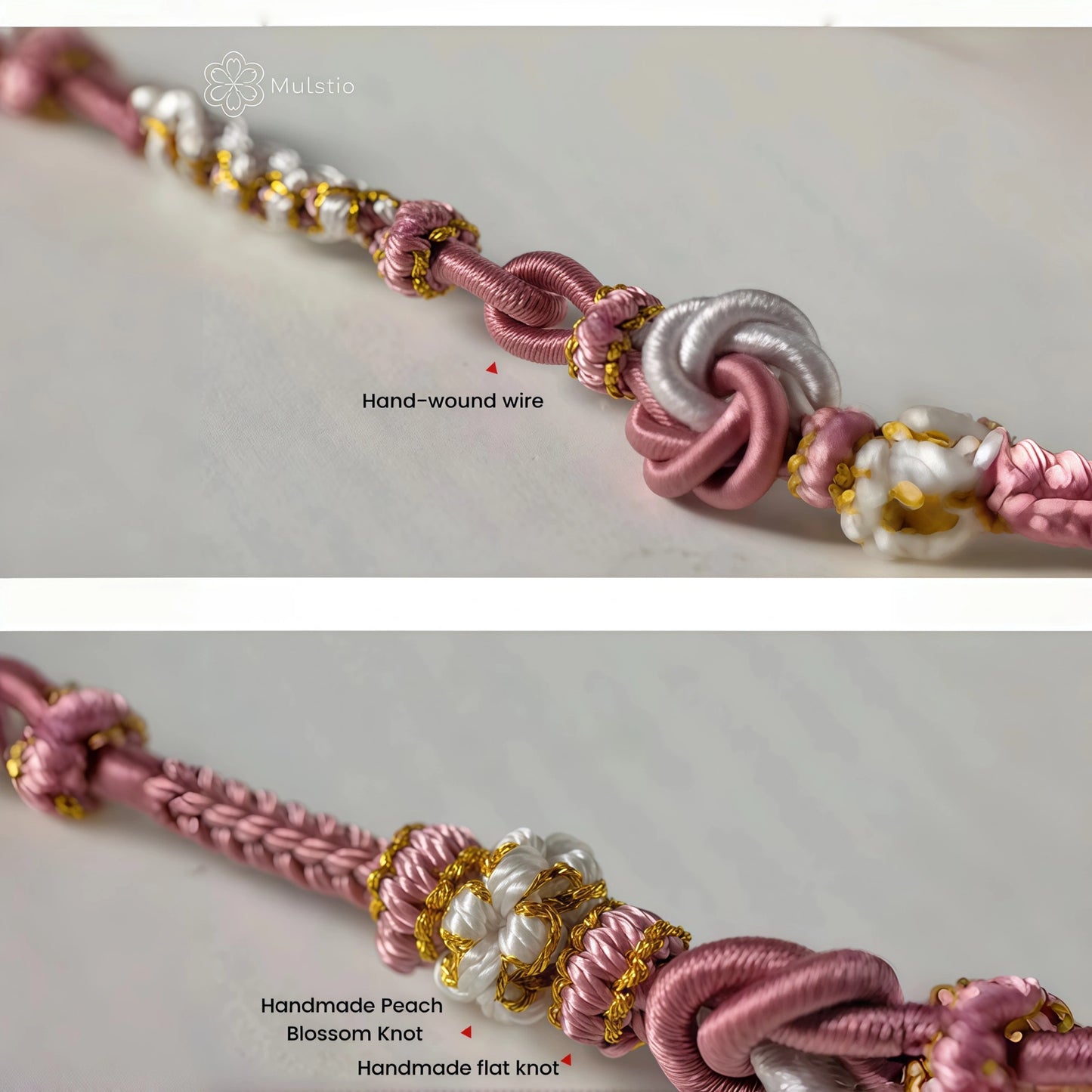 Pink Peach Blossom Handwoven String Necklace - Love Knot Adjustable Cord