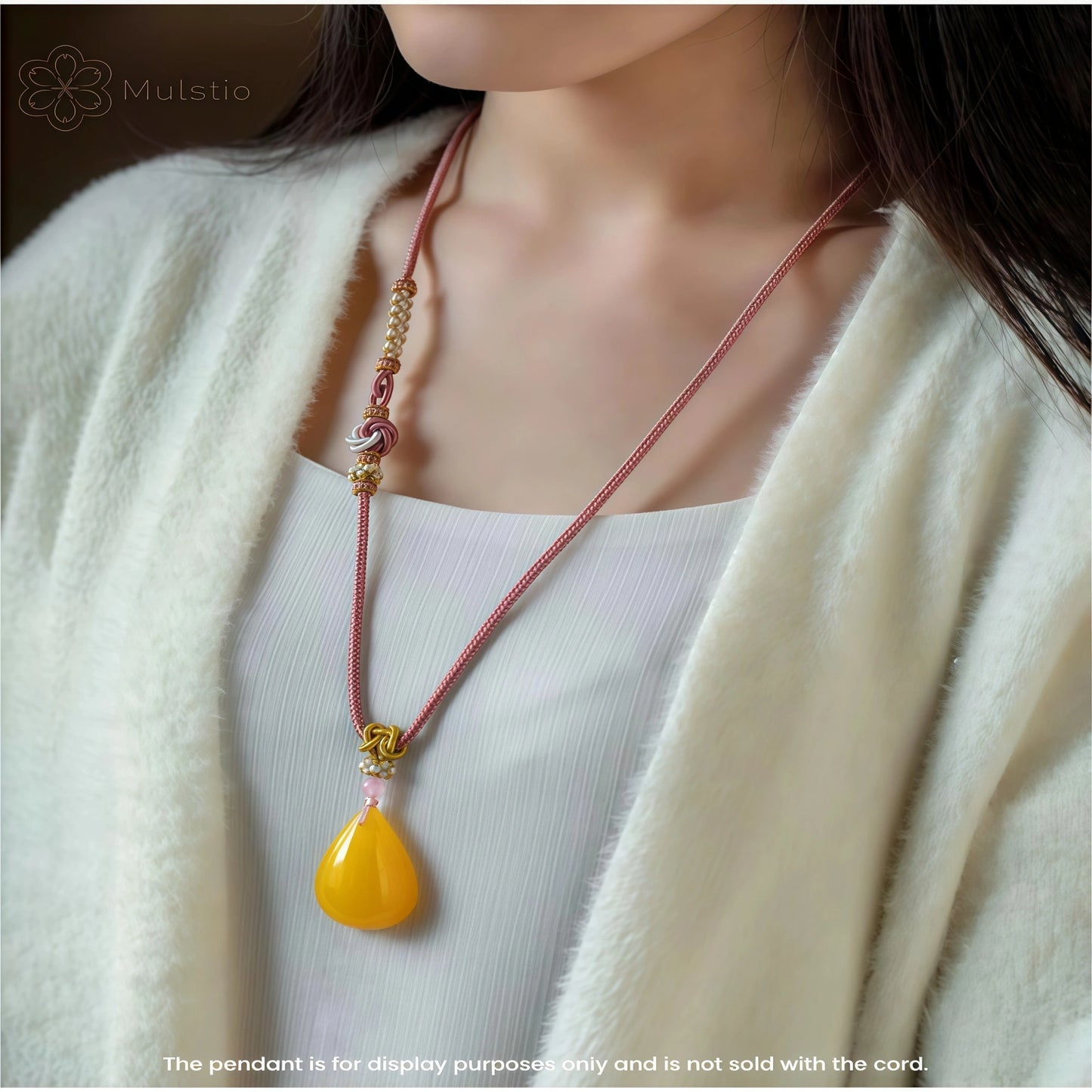 Pink Peach Blossom Handwoven String Necklace - Love Knot Adjustable Cord