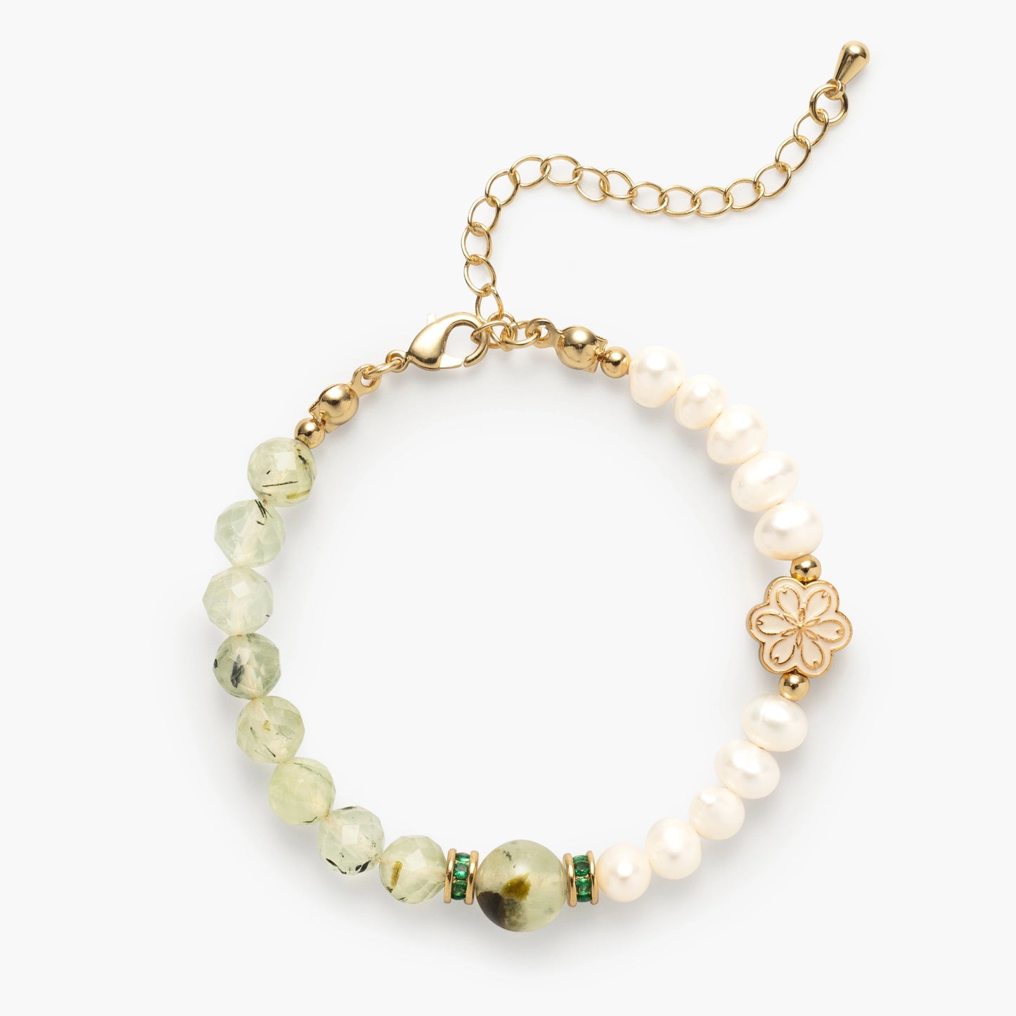 The August Birthstone Bracelet by Mulstio, uniting Prehnite for deep inner peace and prophetic insight with Pearl for intuitive wisdom and emotional purity.