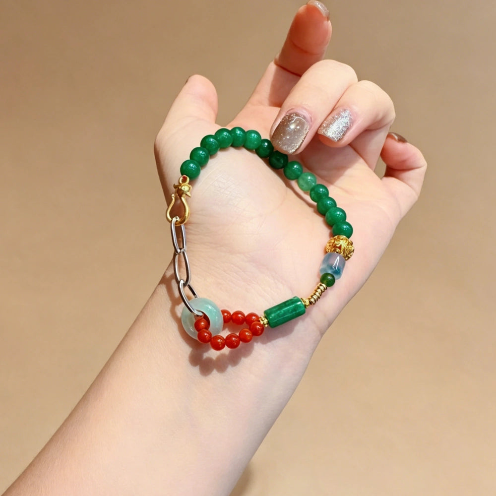 Mulstio Vintage Green Jade and Red Agate Bracelet for Inner Peace and Success Empowerment