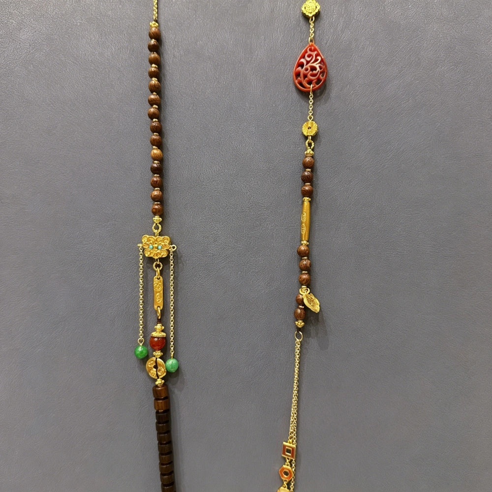 Mulstio Vintage Oriental Sandalwood and Red Jadeite Empowering Long Sweater Necklace with Cloisonné Accents