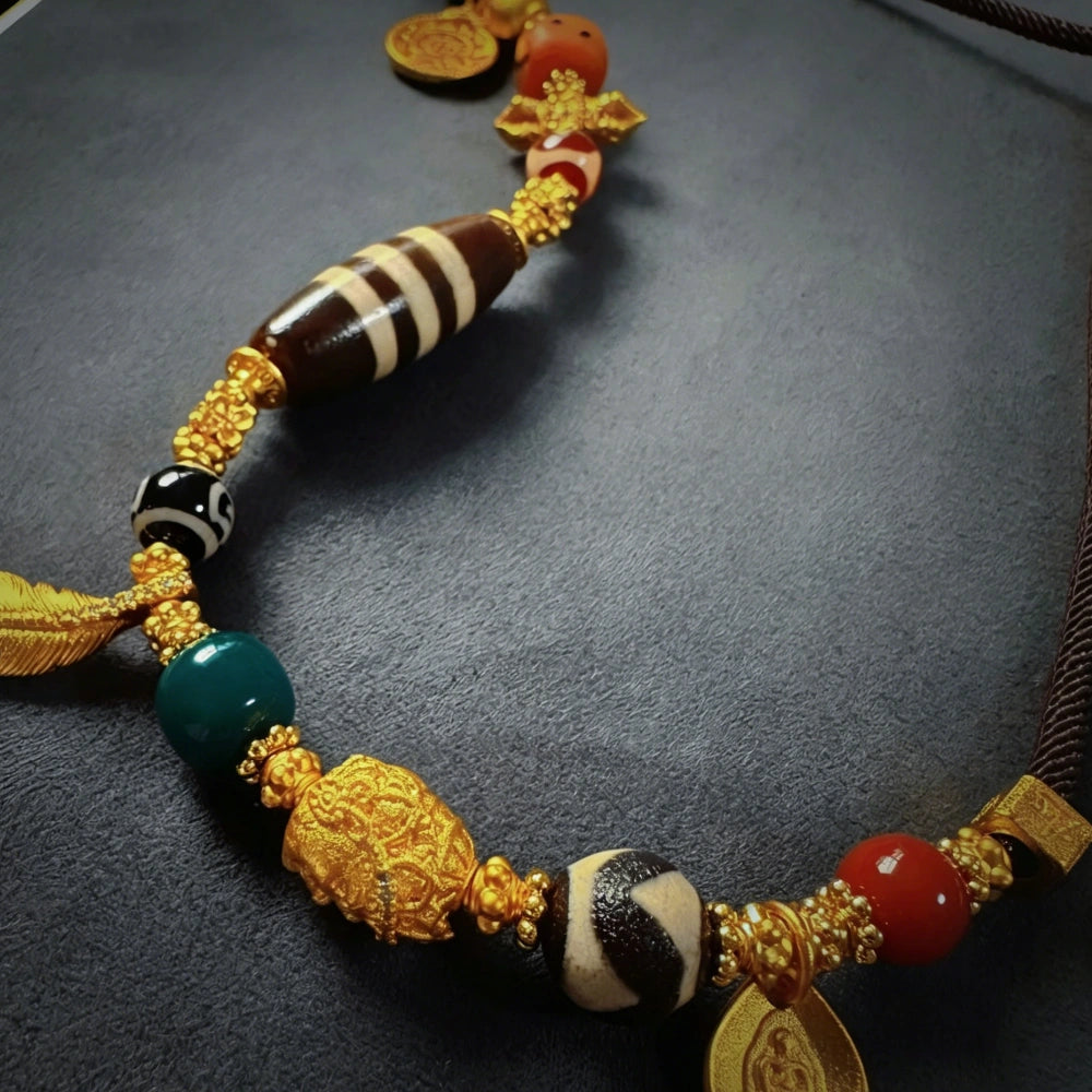 Mulstio Three Line Dzi Bead Necklace Vintage Tibetan Agate Amulet for Inner Balance and Prosperity