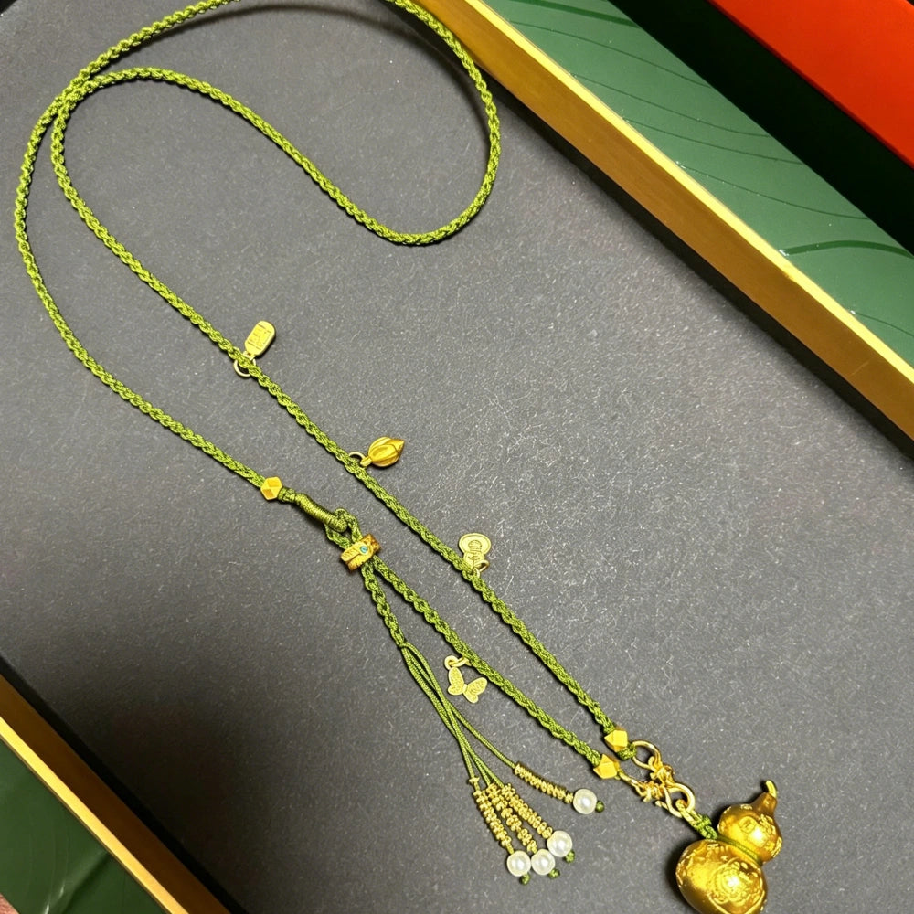 Heritage Gold Gourd Pendant Handwoven Necklace Green Tassel Prosperity Amulet